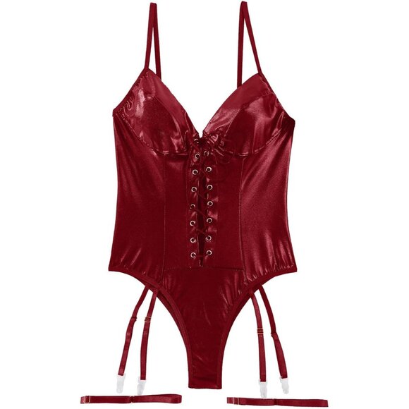 Women's Burgundy Red Teddy Bodysuit Corset Bustier Nightout One Piece Top Outfit - Picture 4 of 4